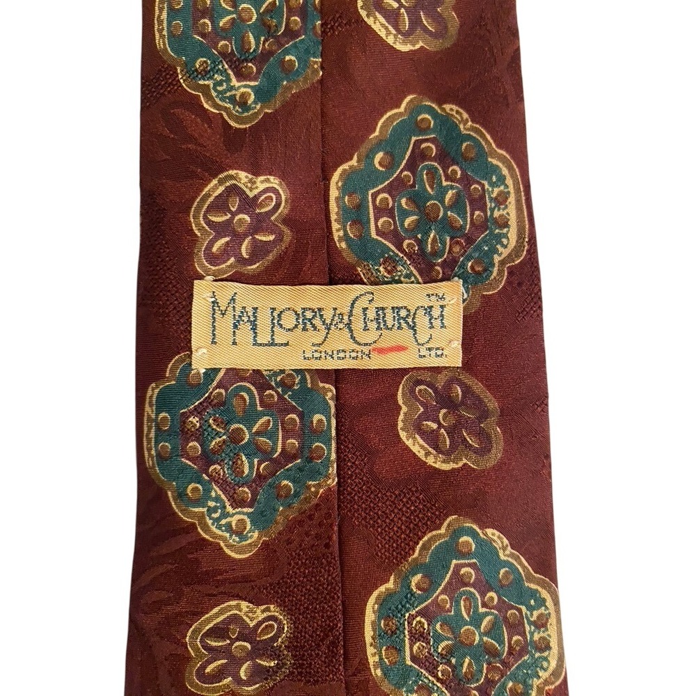 Mallory & Church London Mens Silk Tie Burgundy Teal Gold Medallion Geometric